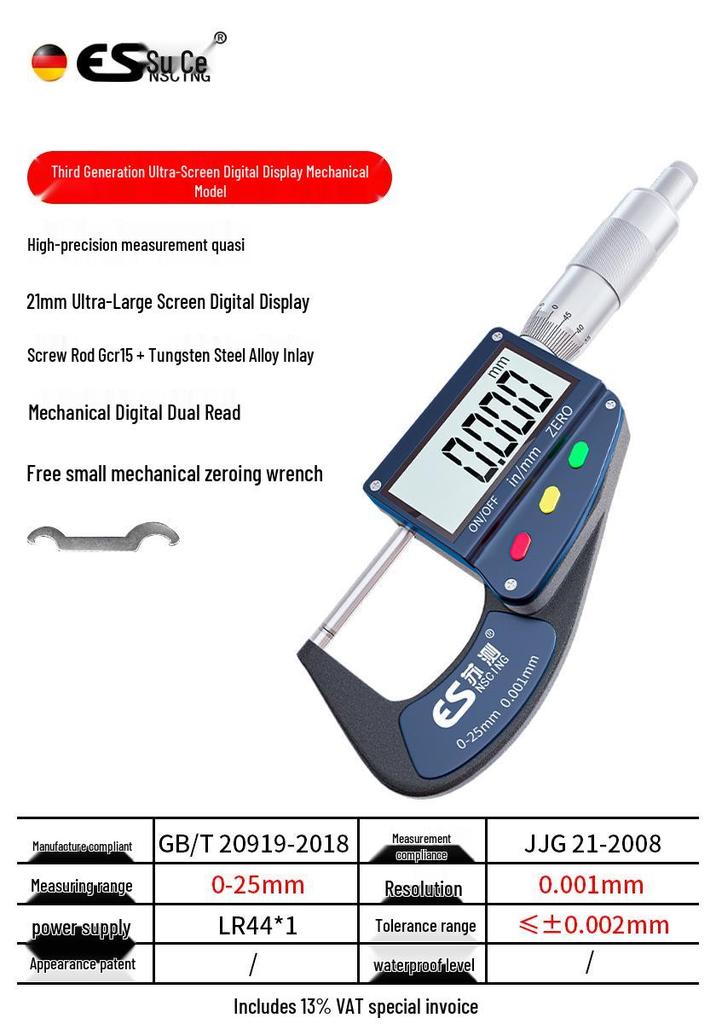 High-Precision Micrometer Gauge for Outer/Inner Diameter & Thickness Measurement
