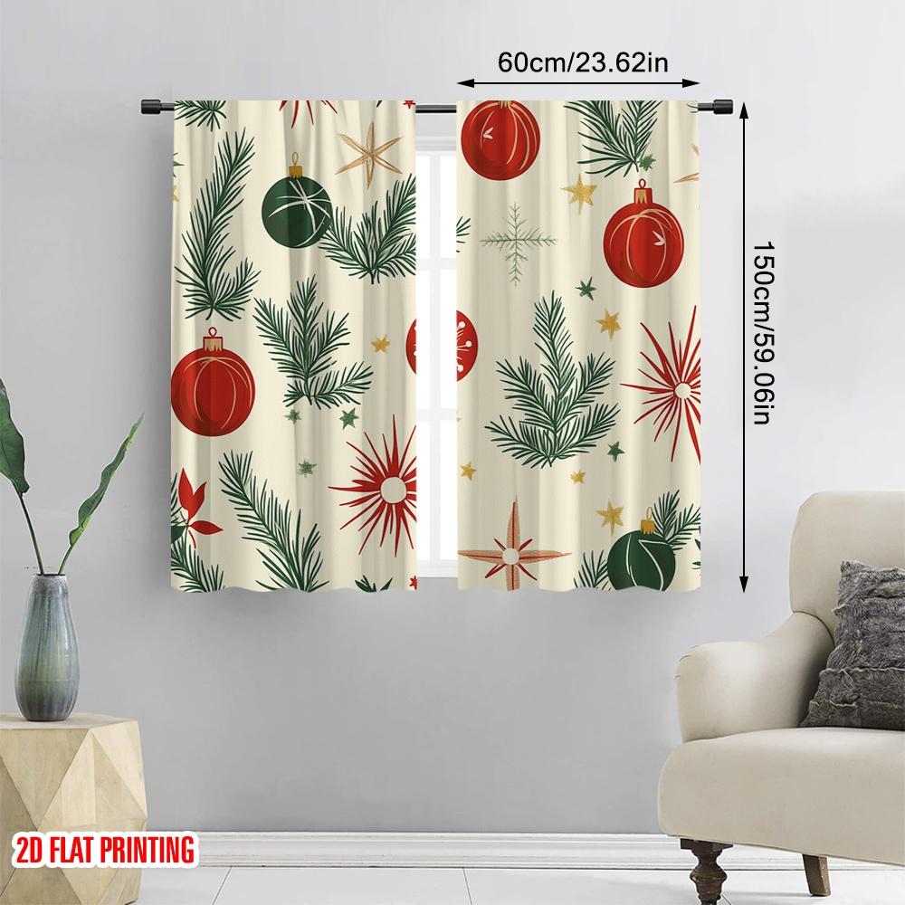 2pcs,2D Plane Printing Curtains Christmas Baubles Pine Branches Stars (2) Polyester (without Rod) Holiday for Various Room Types