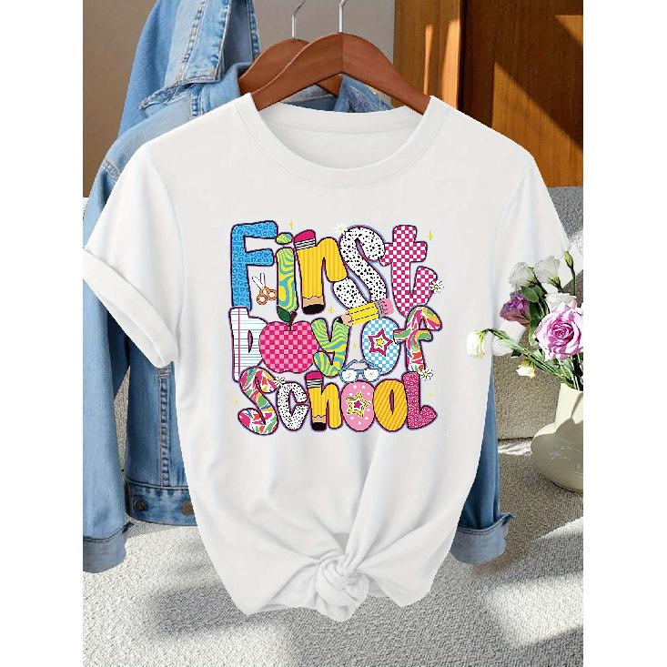 Back-to-School Season Fashionable and elegant with a variety of colors First Day of School Patterned Print Round Neck Short Sleeve T Women's