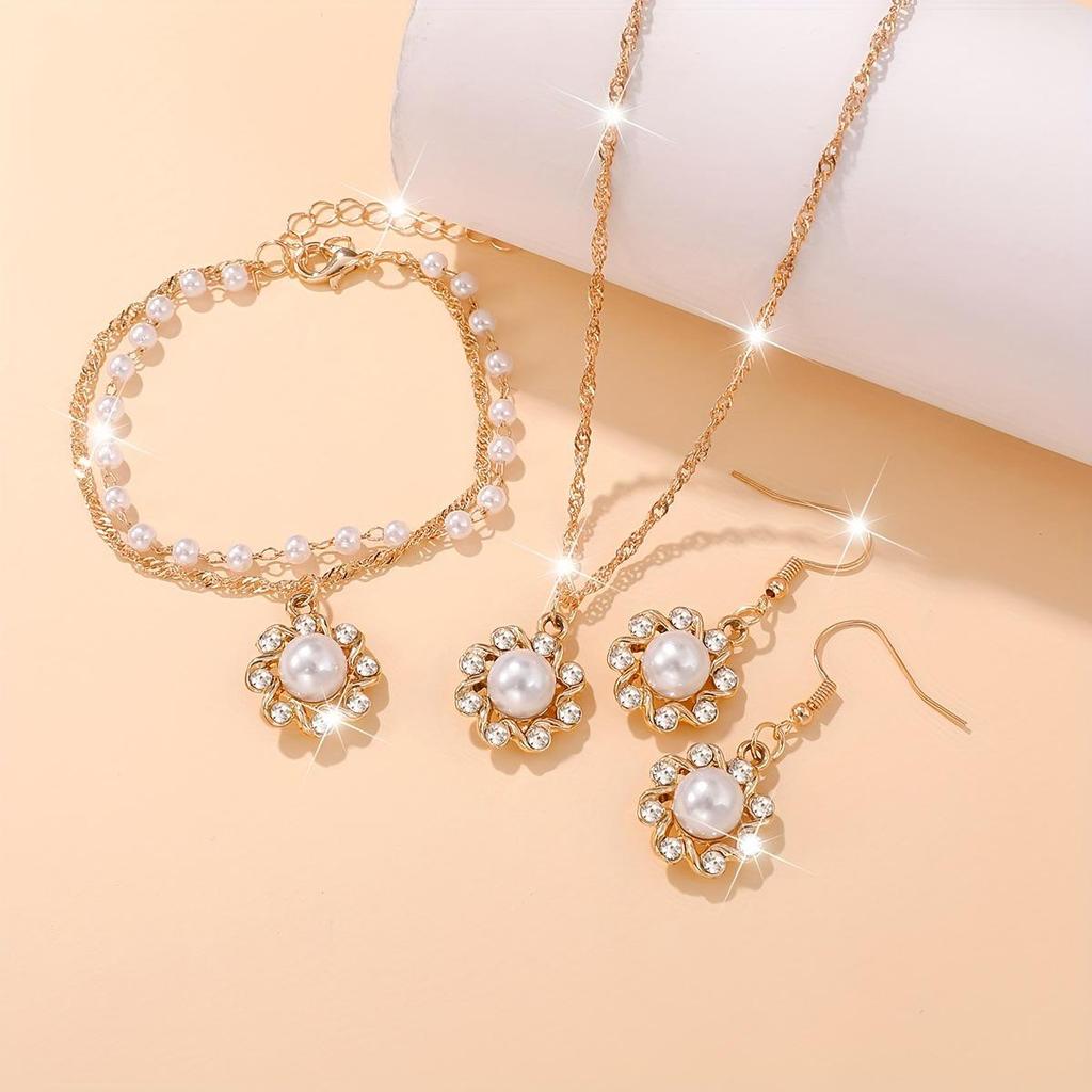 Retro Pearl & Zirconia Flower Jewelry Set: Necklace, Bracelet, Earrings for Women