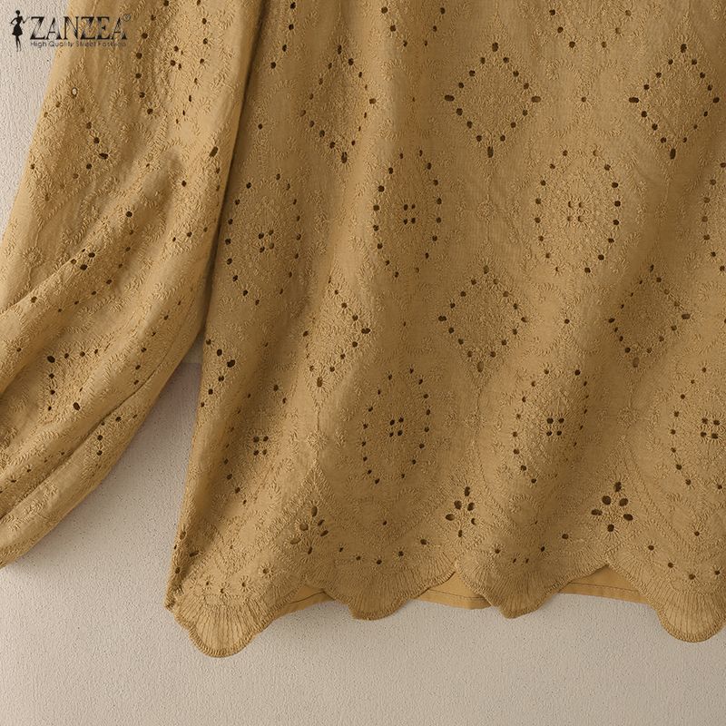 ZANZEA Women Casual V-Neck Long Sleeve Loose Lace Crochet Patchwork Blouse