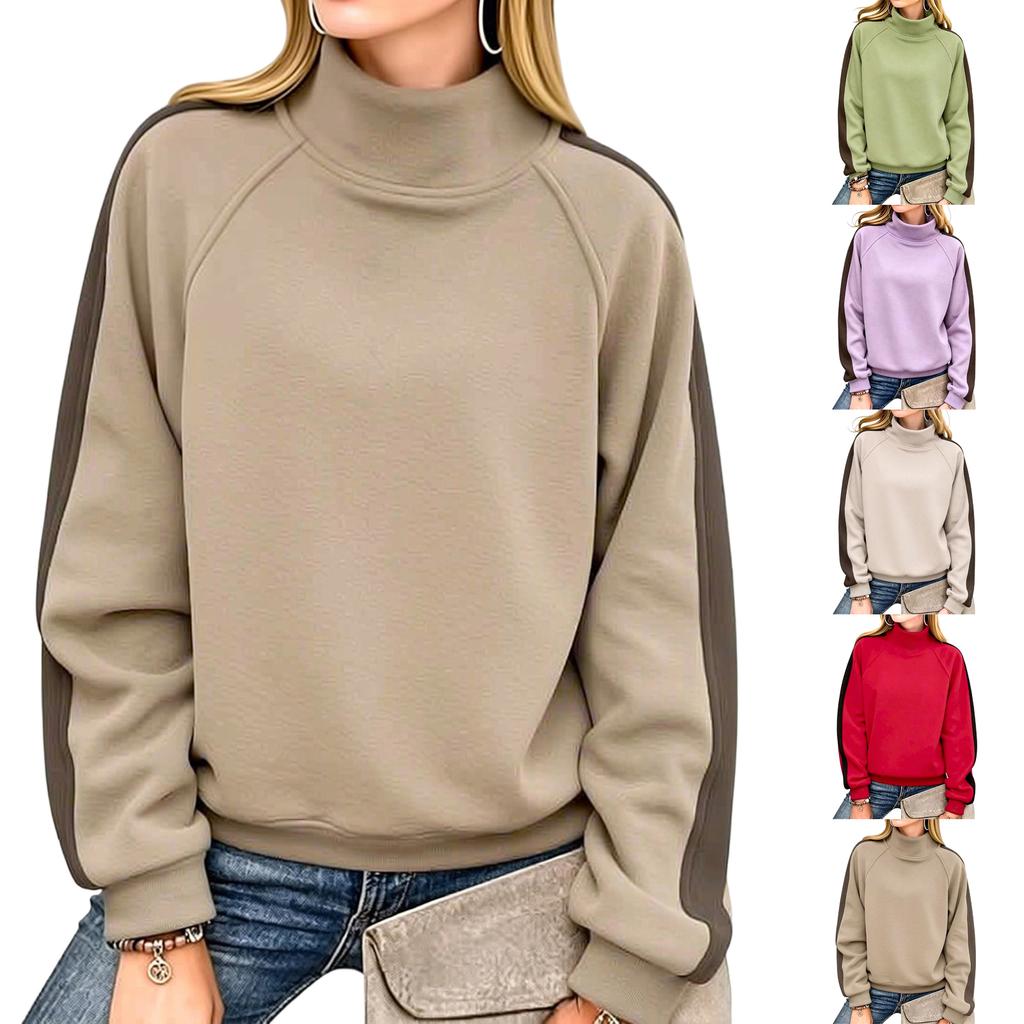 Women's Casual Loose Fit Color Block Long Sleeve High Neck Pullover Sweatshirt