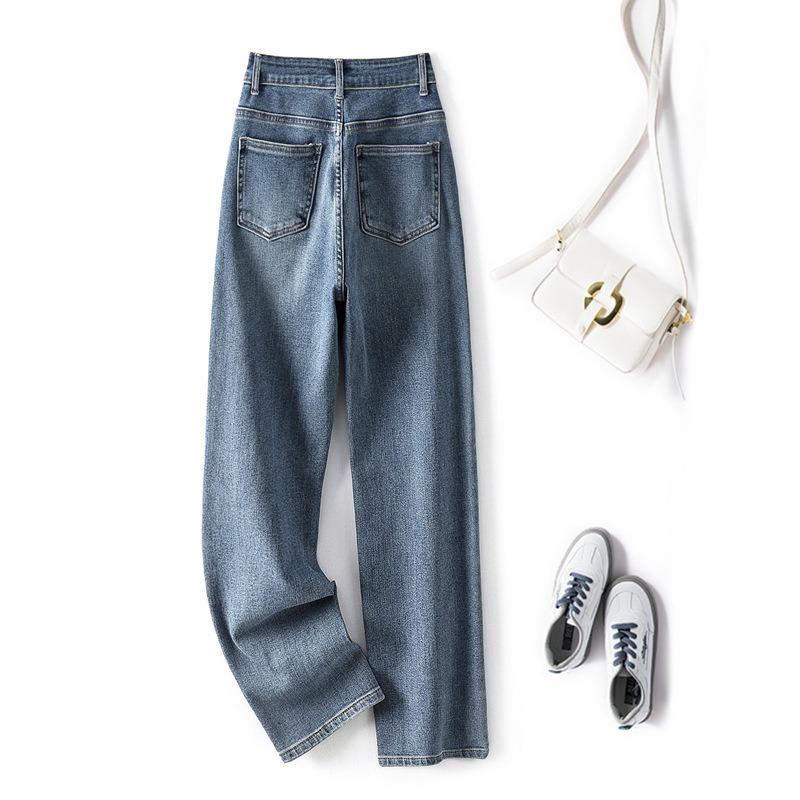 Pantaloni drepți din denim retro, de toamnă, pentru femei, noi, cu croială lejeră, elastici, cu talie înaltă