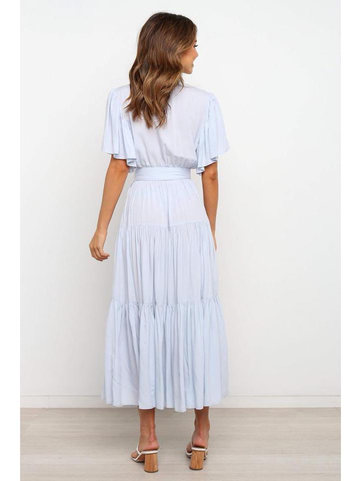 Böhmisches V-Ausschnitt Druck Kurzarm Taillenbetontes Langes Kleid Verfügbar