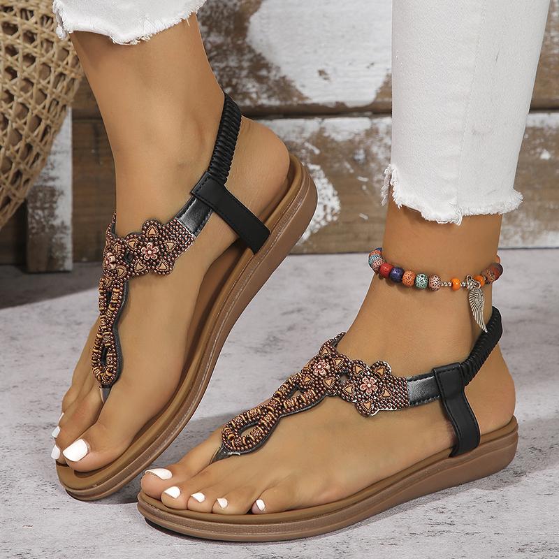 Lucyever Women's Bohemian Style Flat Sandals Beaded Clip Toe Gladiator Sandals Woman 2024 Summer Anti Slip Beach Shoes Size 42