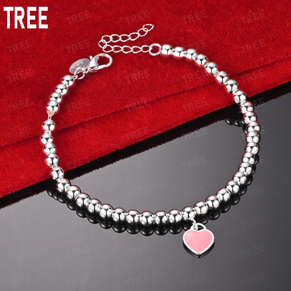 925 Sterling Silver 6mm Pink Heart Bead Bracelet - Exquisite Gift Jewelry 20cm