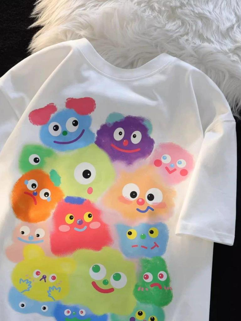 Unisex Retro Cartoon Print Cotton T-Shirt, Plus Size, Loose Fit, Short Sleeve