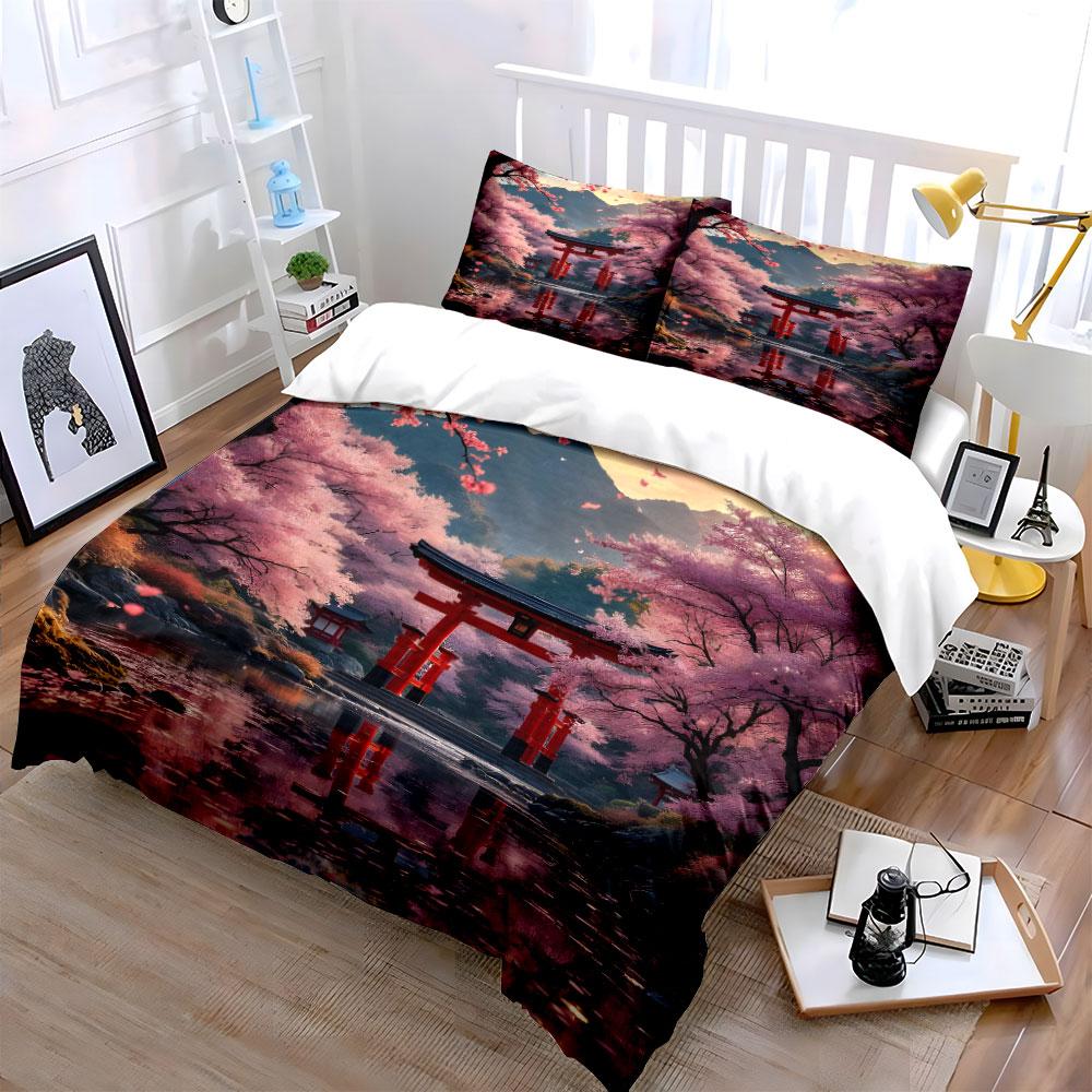 Cherry Blossom Landscape Decor Set Multiple Sizes Kid'S And Adults' Bedroom Exquisite 3Pc Bedding Set, Gift