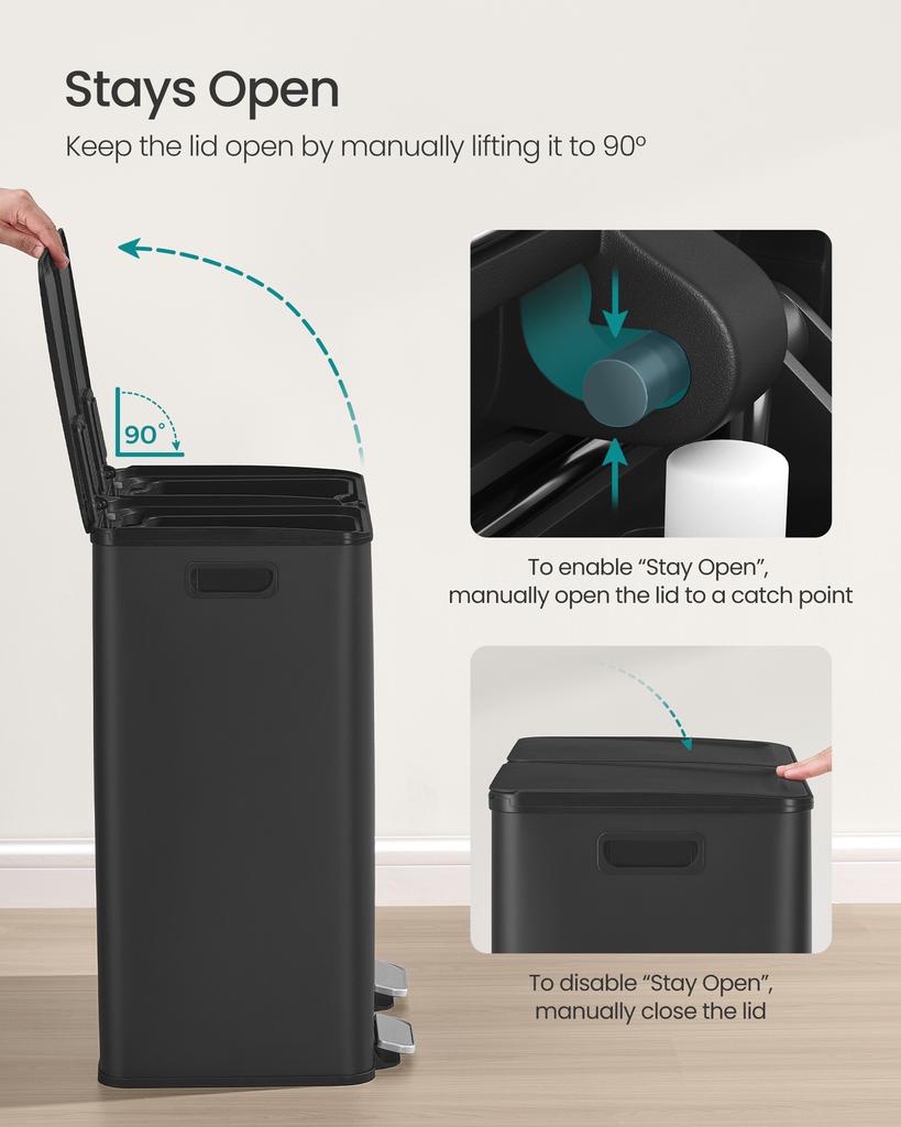 SONGMICS Kitchen Bin, 2 x 8 Gallon (2 x 30 L) Dual-Compartment Pedal Rubbish Bin with Soft-Close Lid and Inner Buckets, Steel, Includes 15 Liner Bags