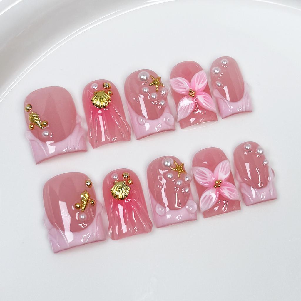 10Pcs French Handmade White Flower Press On Nails Full Cover Fake Nail Tips Stick On False Nails