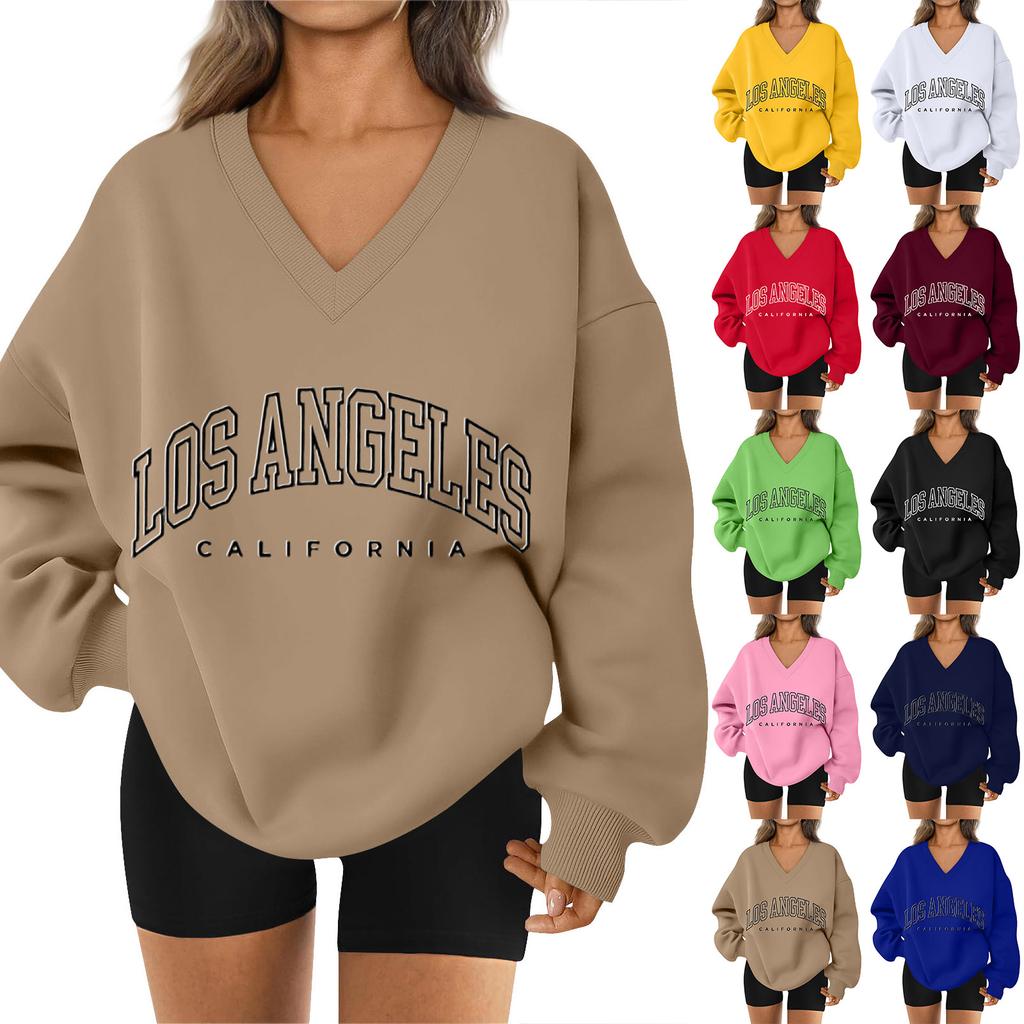 Damen Locker Und Bequemes Buchstaben V-Ausschnitt Sportbekleidung Langarm Sweatshirt Tägliche Passende Kleidung