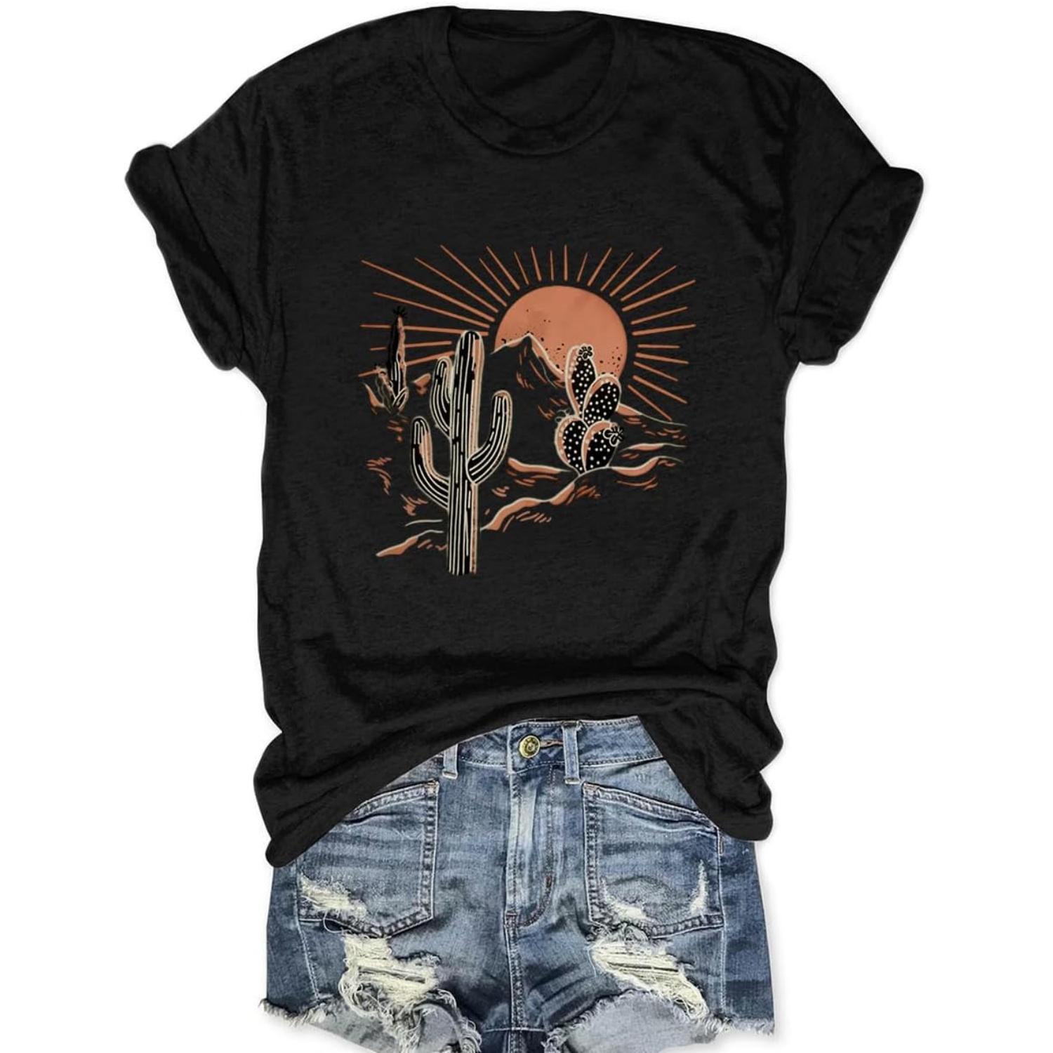 

Women Adventure Shirts Western Retro Sunrise Desert T Shirt Funny Summer Climbing Short Sleeve Tee Tops S чёрный