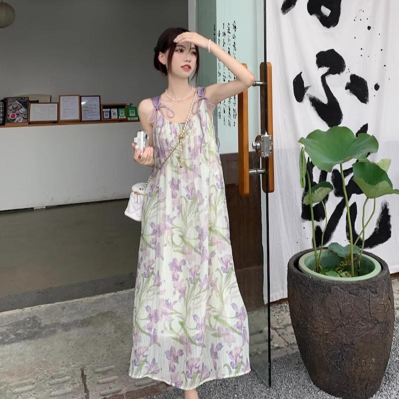 [Original practice + inner lining] Summer pendant purple floral suspender skirt chiffon dress women's medium and long skirt