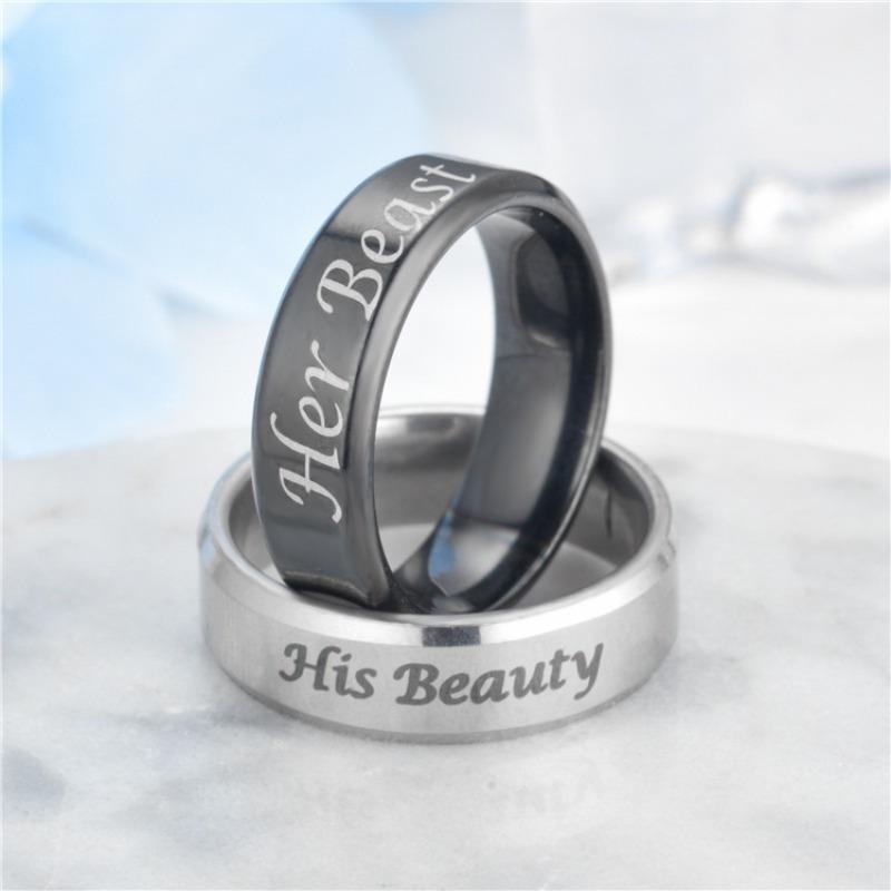 1Pc Fashion Fashion Multipurpose Design "Her Beast His Beaty" Queen's Simple Titanium Steel Ring