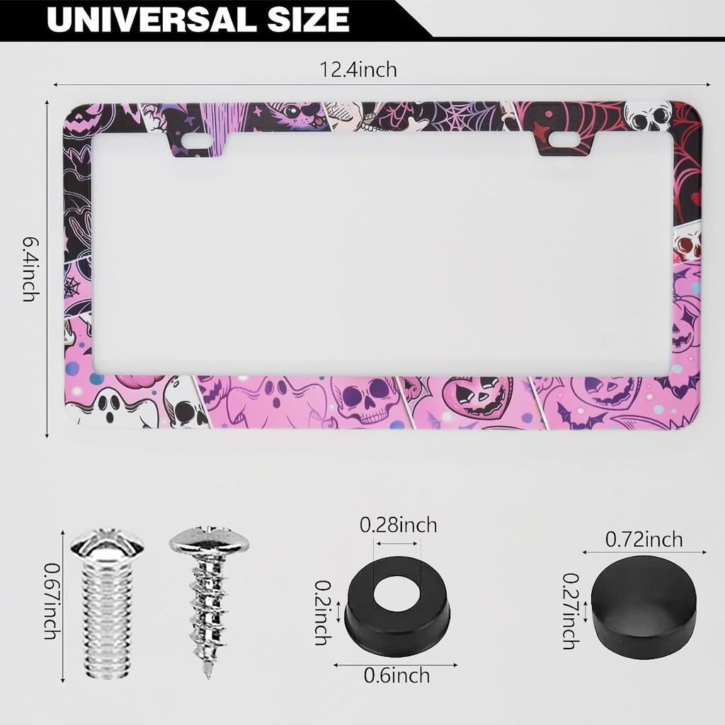 Splicing Skull Ghost Bat License Plate Frames, 2 Pack Halloween Horror Car Plate Frame, Stainless Steel License Plate Holders Covers With Free Screws