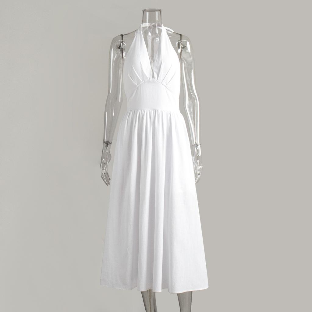 Pure cotton long dress, European, American spring and summer waist V-neck strap long dress, big swing dress women