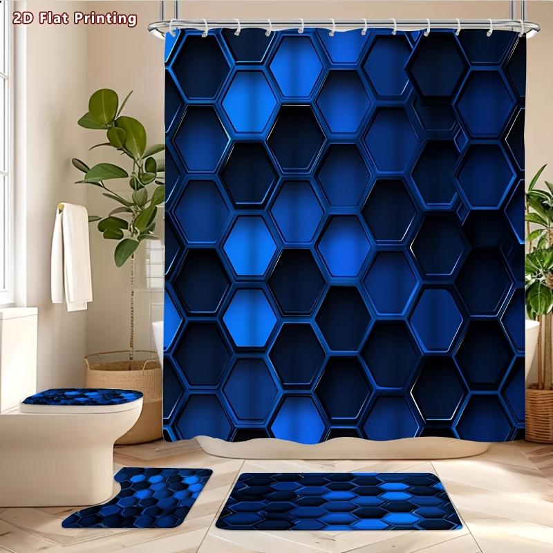 4-teiliges blaues sechseckiges Duschvorhang-Set mit rutschfester Badematte, Toilettendeckelbezug, Kontur-Teppich & 12 Haken, Badezimmerdekoration