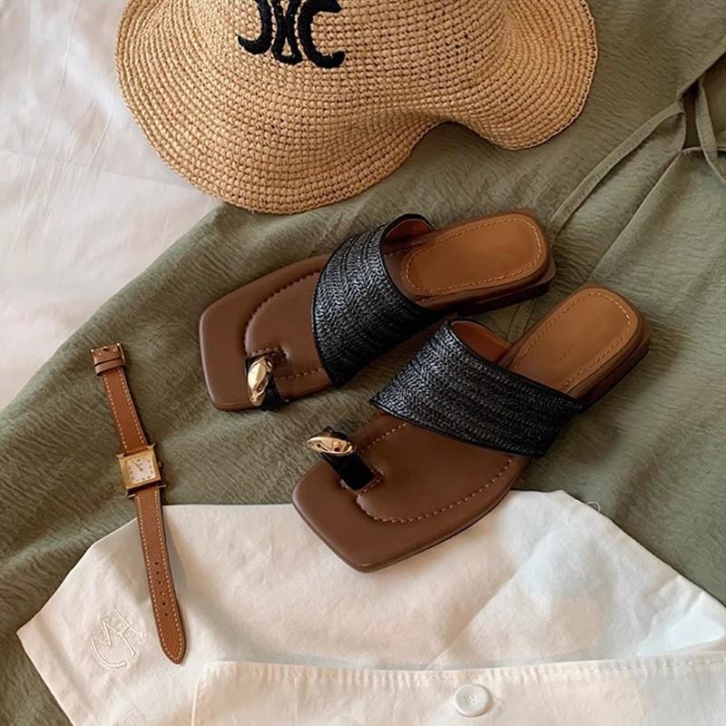 Sheepskin French Holiday Style Straw Weaving Beautiful with Skirt Bohemian Clip Toes Soft Bottom Cool Slippers Women's Summer Wear