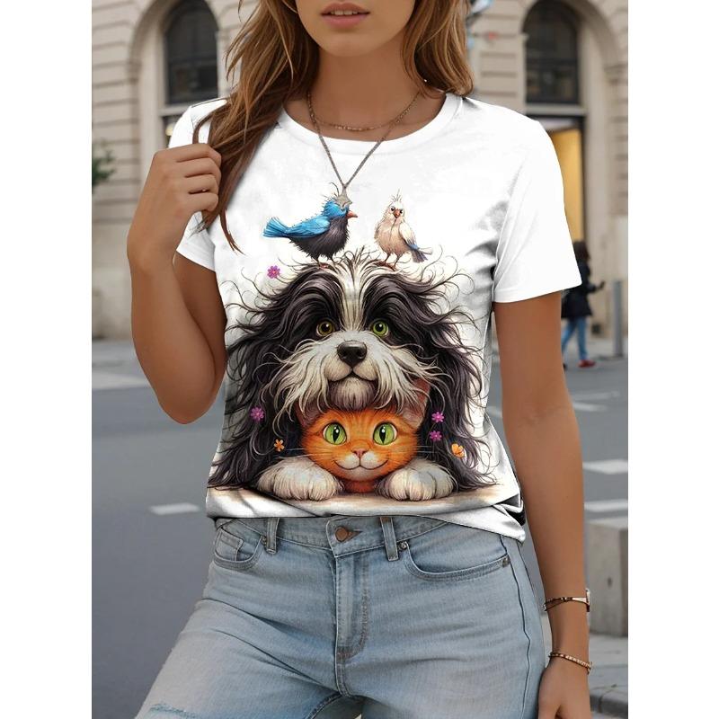 Women's T-shirt Cat Print Summer Round Neck Short Sleeve Fashion Casual Oversized T-Shirts