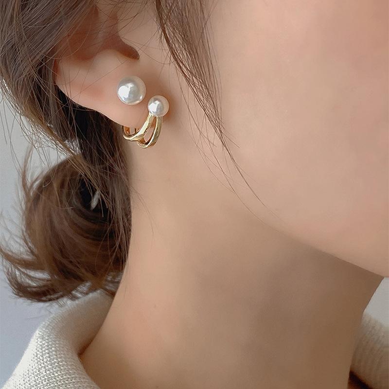 Korean metallic pearl stud earrings C-shaped design earrings temperament simple temperament earrings