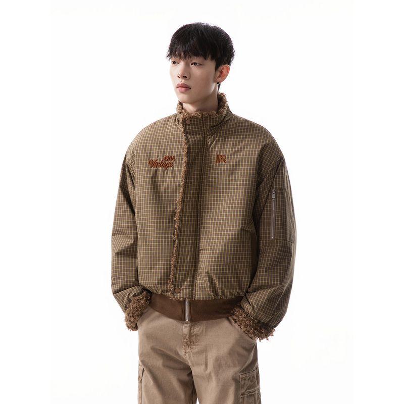 51 Hip-Hop Trendy Brand Lamb Wool Reversible Plaid Stand Collar Cotton Jacket for Men, Winter Thickened Couple's American-Style Cotton Coat