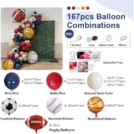 167 Pcs Ball Theme Balloon Arch Garland Kit Navy Blue Matte Red Natural Sand Balloons Ball Foil Balloons for Sports Theme Party Games Garden Theme