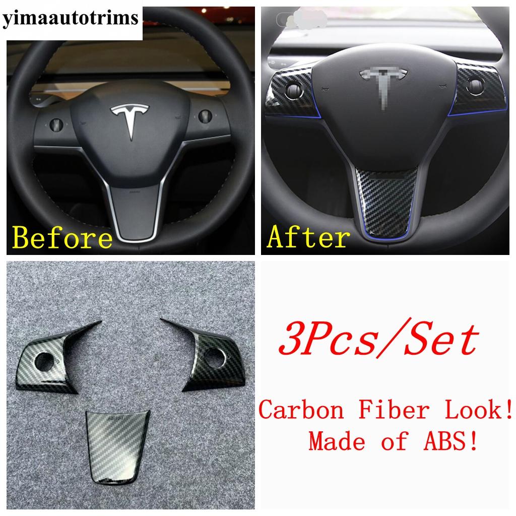Steering Wheel Window Lift Door Lock Air Adjust Button Cover Trim Carbon Fiber Accessories For Tesla Model 3 Model Y  - 2024
