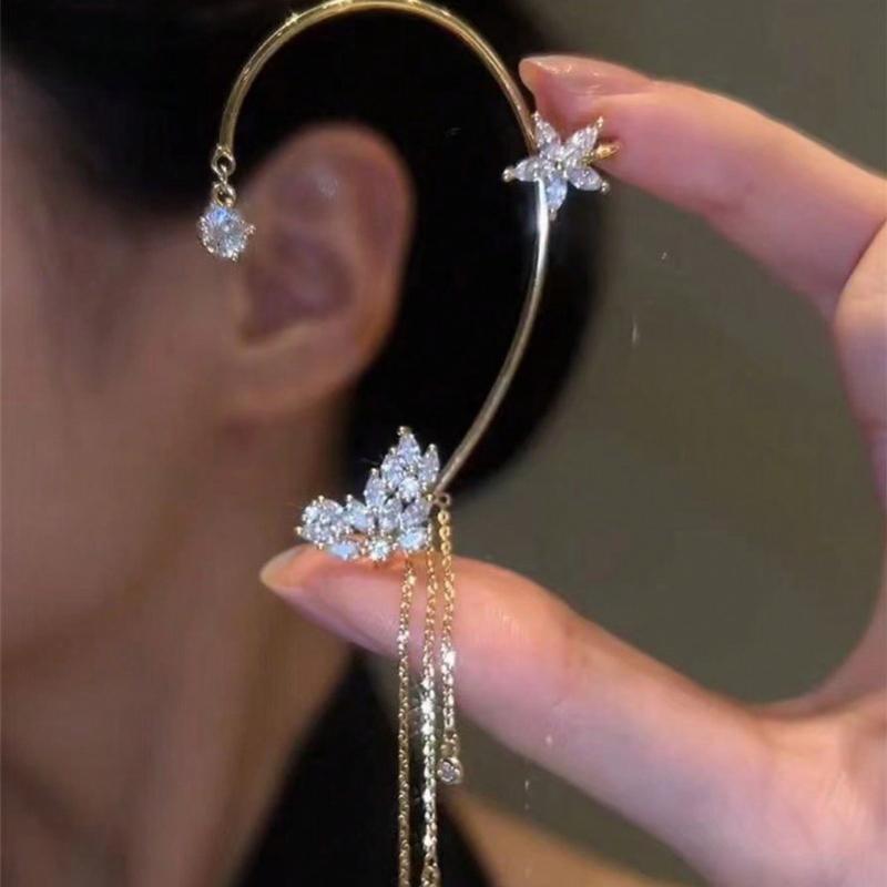 1pc Elegant Diamond Star & Leaf Tassel Ear Cuff Earring, Versatile Jewelry Gift For Women, Daily Wear