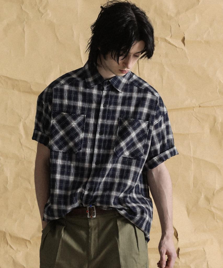 STAGE NAME Bridge Over Vintage Check Short Sleeve Shirt_Navy