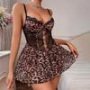 Rochie Sexy din Plasă pentru Femei cu Imprimeu Leopard și Patchwork din Dantelă, Decolteu în V cu Bretele Subțiri, Decupată, Bodycon, Croială Strâmtă