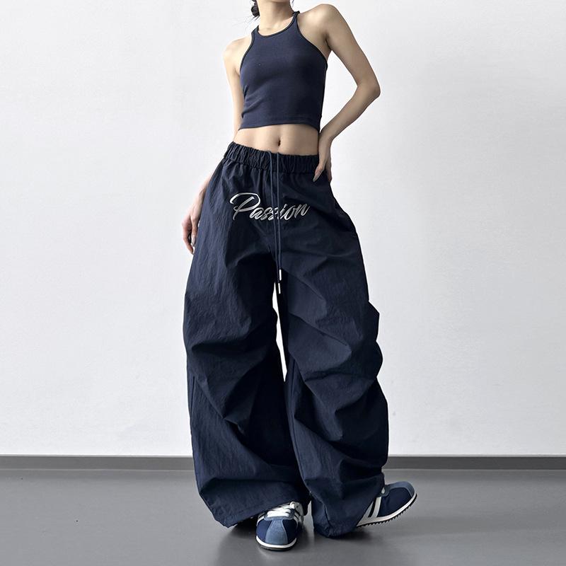 Women s Black High-Waisted Wide-Leg Drawstring Sweatpants with Letter Print - 2026 Spring Collection S
