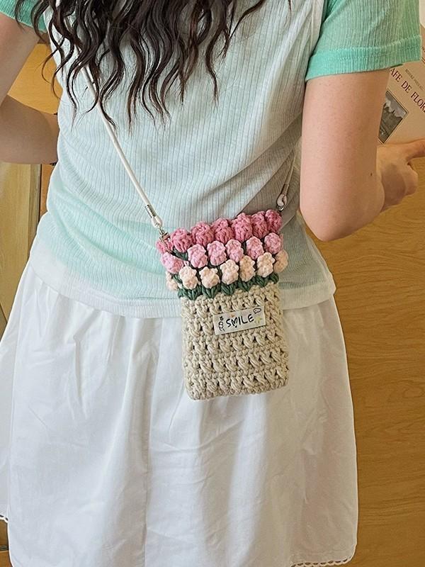 Knit Rose Pattern Mini Shoulder Bag With Phone Pocket For Daily Use