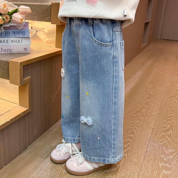 Bestickte Stern & Schleife Weitbeinige Jeans für Mädchen - Koreanischer Stil, Frühling/Herbst