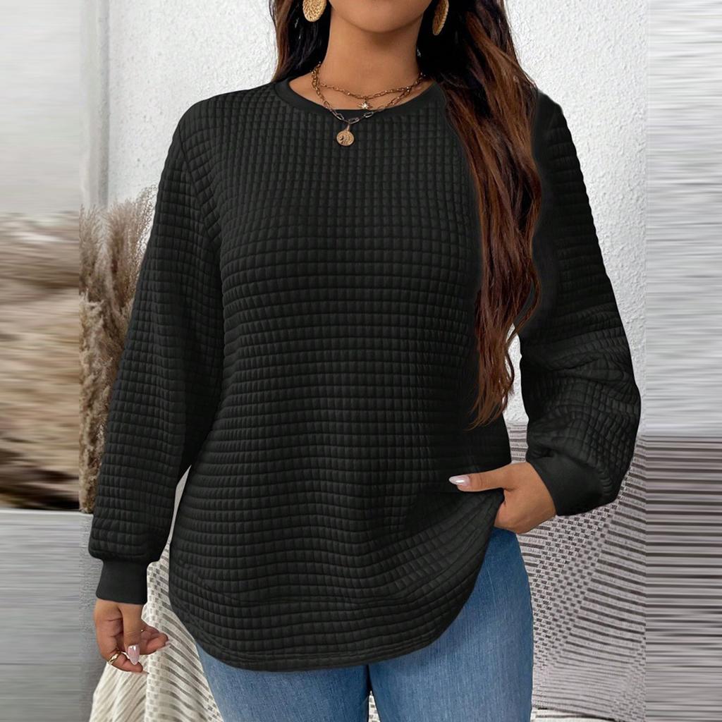 Women's Plus Size Fashion Casual Solid Color Square Check Pullover Sweatshirt Top Hoodie