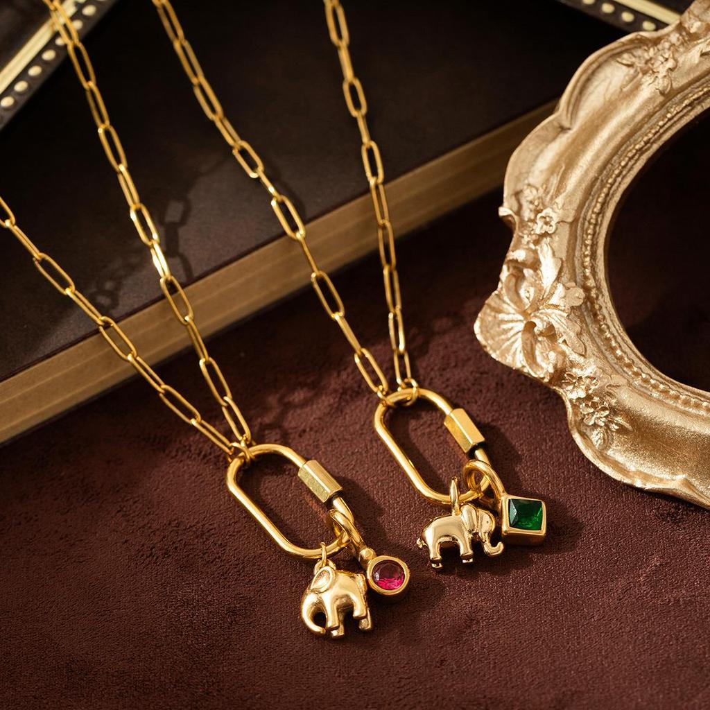 18K Gold-Plated Zirconia Elephant Pendant Necklace, Stainless Steel, Constellation Design, European/American Style, Durable Color Retention.