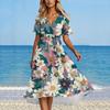 Moda Feminina de Verão Vestido Evasê Decote V Manga Curta Vestidos Florais