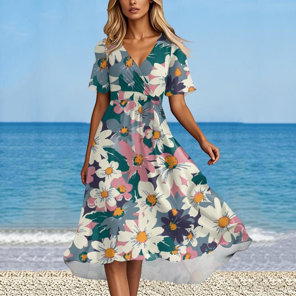Moda Feminina de Verão Vestido Evasê Decote V Manga Curta Vestidos Florais
