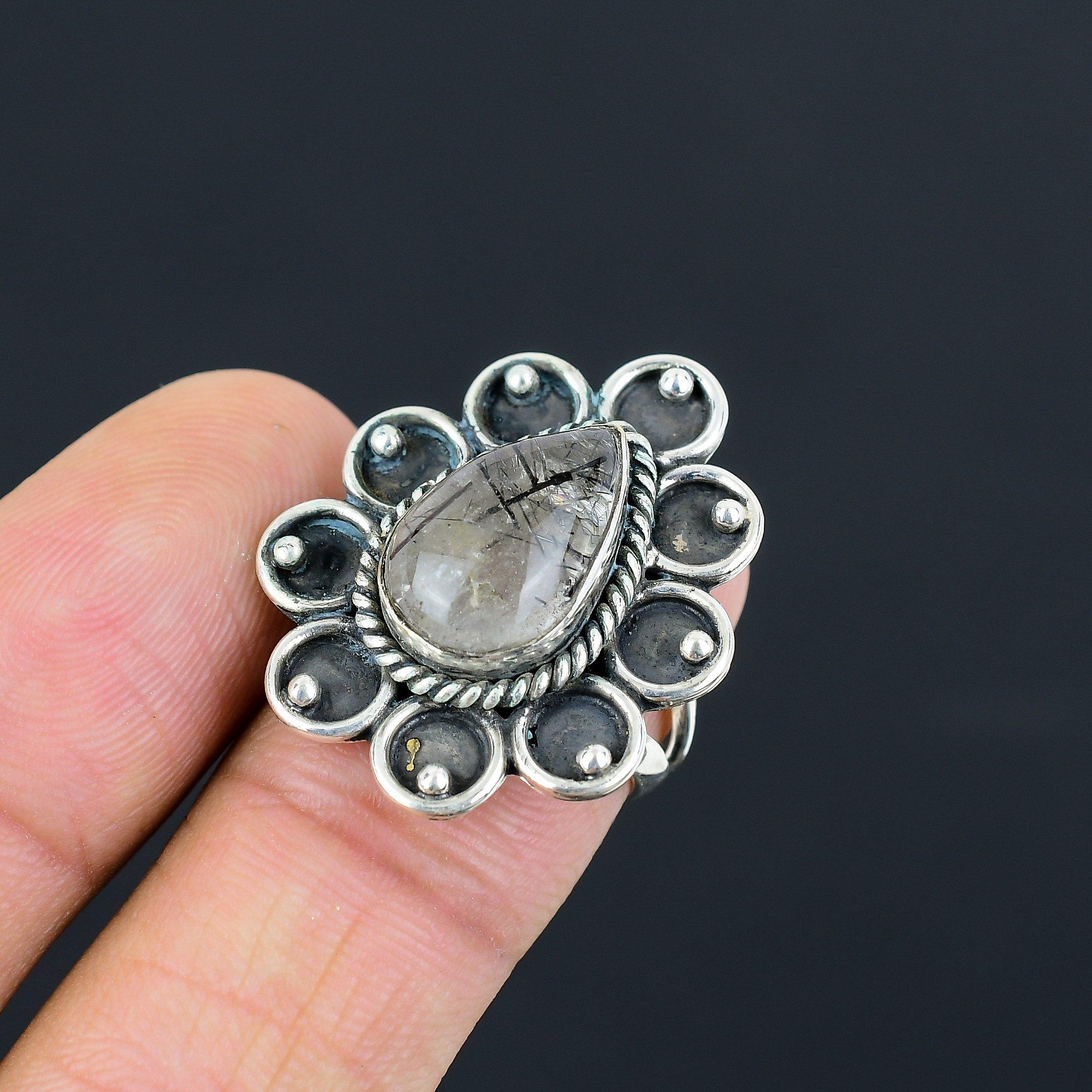 Friendship Day Deal Natural Black Rutile 925 Silver Stackable Ring Jewelry US 7 7