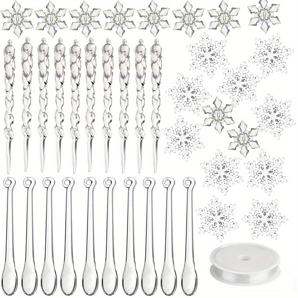 27Pcs Christmas Tree Pendant Ornaments Acrylic Crystal Snowflake Icicles Decoration Kit for Xmas Winter New Year Party Decor