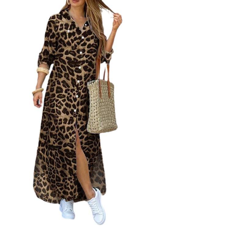 Damen Neue Europäische Und Amerikanische Frühling Und Herbst Lässig Leopardendruck Mode Schlitz Super Lang Damenbekleidung Hemdbluse