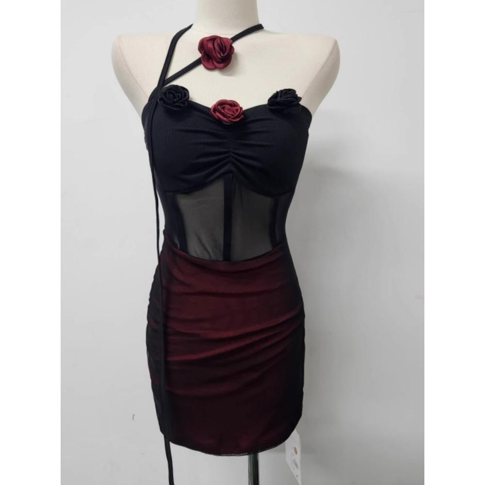Dark Wind Spice Girl Perspective Mesh Three-dimensional Flower Neck Sex Underwear Sexy Backless Slim Dress F637