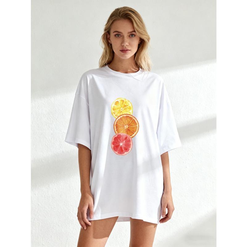 Black Oversized T Shirt With Citrus Fruit Print For  Casual Wear