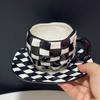 Vintage Hand-Painted Black And White Checkerboard Coffee Cup And Saucer Underglaze Ceramic Hand-Pinched Irregular Afternoon Tea Cup And Saucer Set