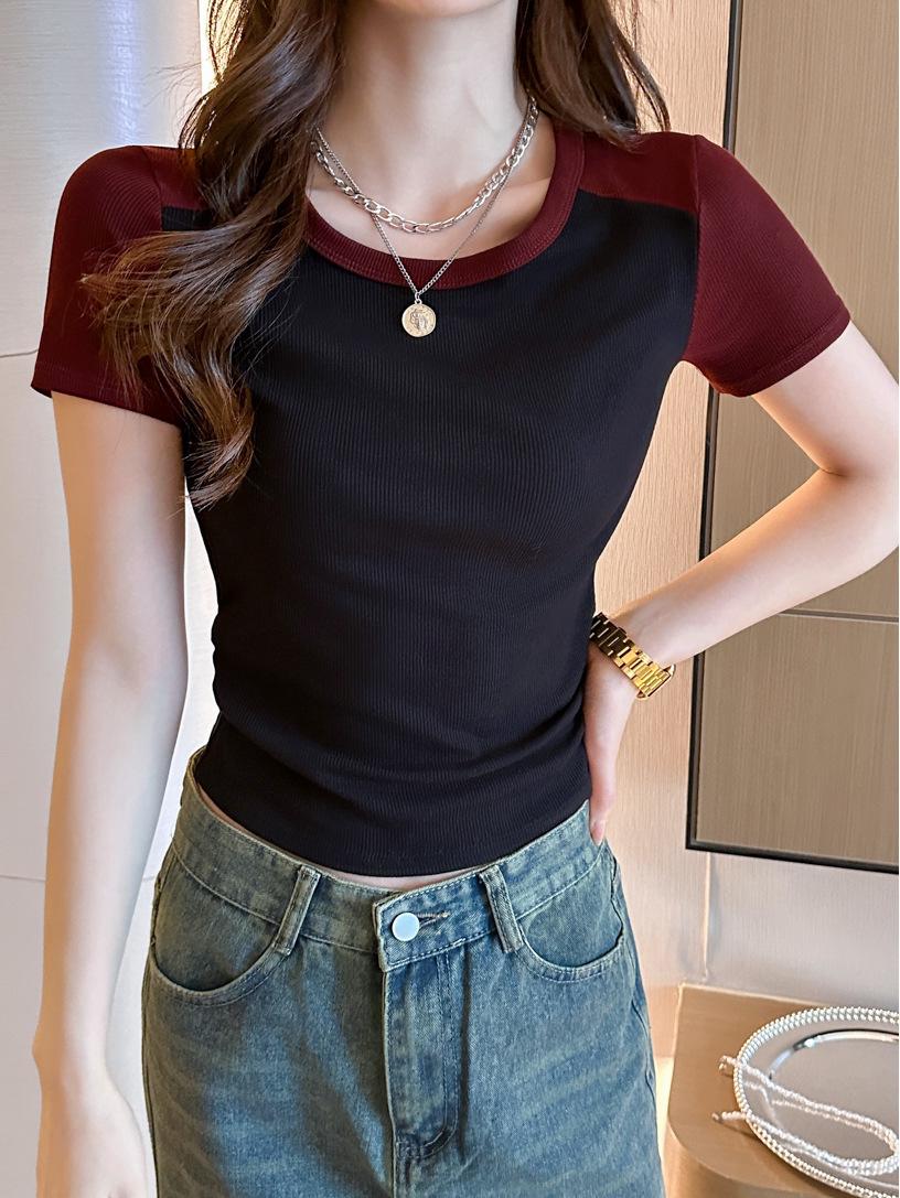 

Women s Slim-Fit Patchwork Harajuku Short-Sleeve T-Shirt: Summer Fashion, Slimming Color Block Top & Versatile Layer Large червоний/синій