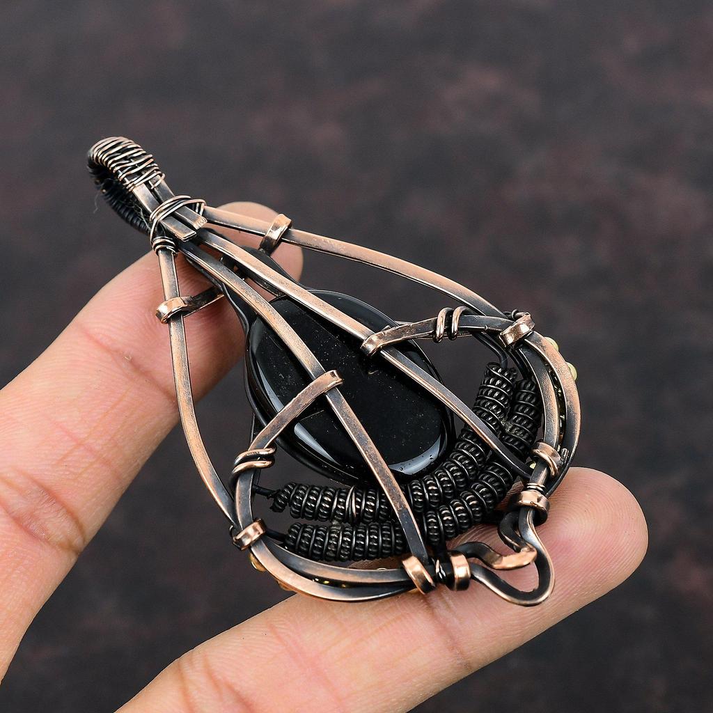 Black Obsidian Pendant Copper Wire Wrapped Gemstone Pendant Handmade Pendant Copper Jewelry Unique Style Pendant Wire Wrap Jewelry For Gift