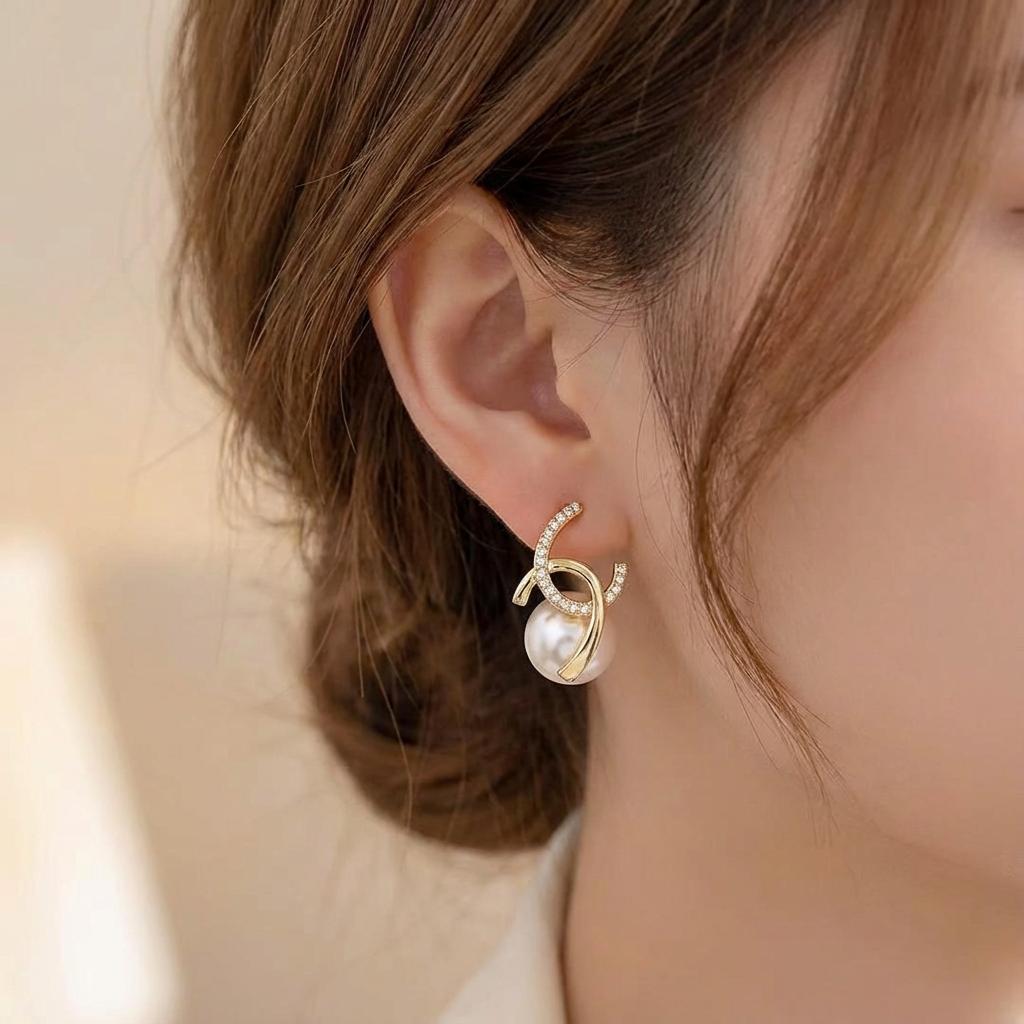 Gold Plated Pearl Drop Earrings for Women, Cubic Zirconia Interlocking Double C Studs, Trendy Elegant Crystal Statement Jewelry