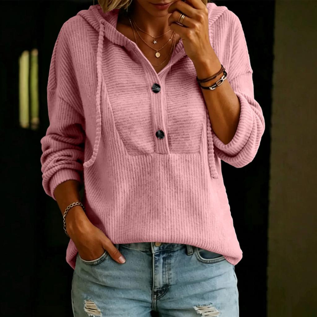 Women's Color V-Neck Long Sleeve Hooded Button Front Casual Top
