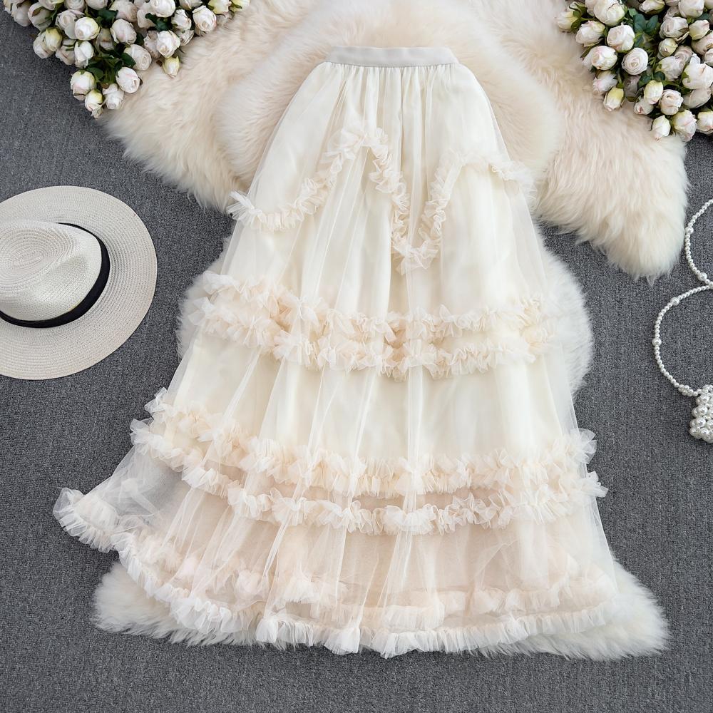 Elastic Waist Fairy Mesh Cake Skirt A-Line Skirt Summer Korean Version High Waist Slim All-Match Midi Skirt