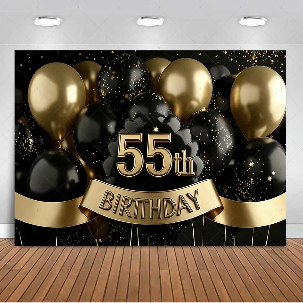 Sfondo per 55° Compleanno Forniture Palloncini Nero Oro 55 Anni Sfondo Decorazione Festa Scintillante Oggetti di Scena per Servizio Fotografico
