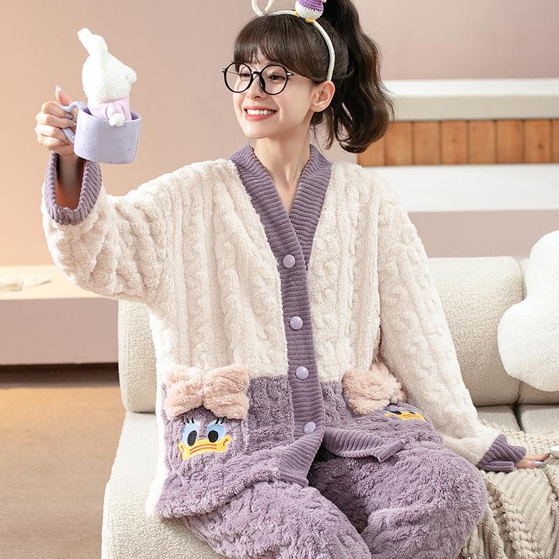 Women's Coral Fleece Pajamas - Thick, Warm Flannel for Autumn & Winter; Cute and Outdoor-Friendly Home Wear